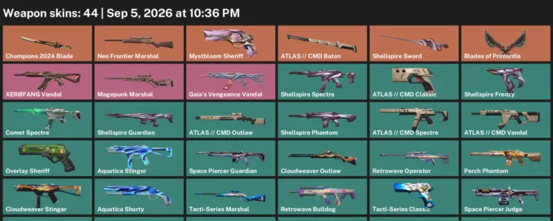 Valorant account inventory for LVL 123 · 44 Skins Champions 2024 Blade