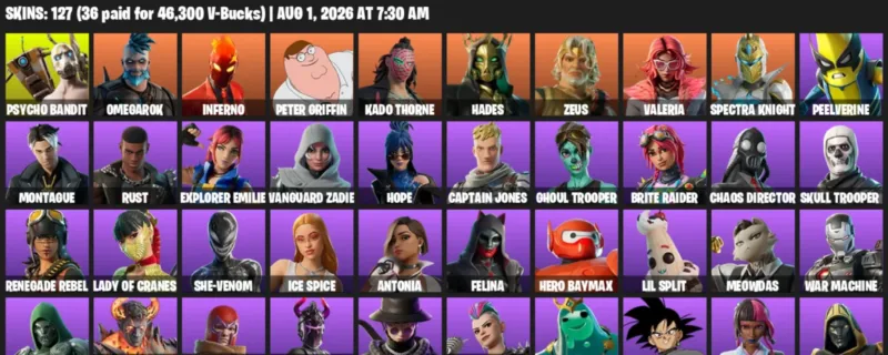 Fortnite account inventory for LVL 1508 - Psycho Bandit - Omegarok - 127 Outfits