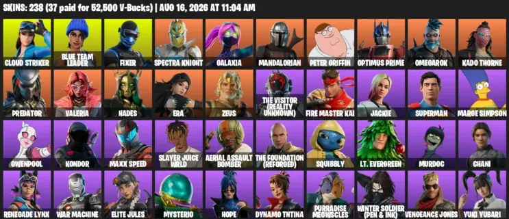 Fortnite account inventory for LVL 3290 - Cloud Striker - Blue Team Leader - 238 Outfits