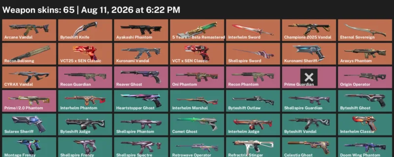 Valorant account inventory for LVL 284 · Byteshift Knife & Beta Remastered Knife