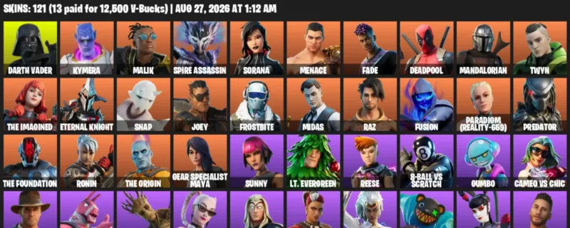 Fortnite account inventory for LVL 1828 - Darth Vader - Kymera - 121 Outfits