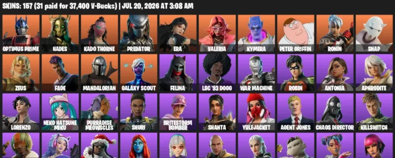 Fortnite Accounts listing: LVL 2470 - Optimus Prime - Hades - 157 Outfits - 157 outfits