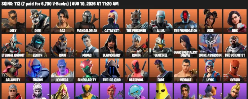 Fortnite account inventory for LVL 1521 - Joey - Dire - 113 Outfits