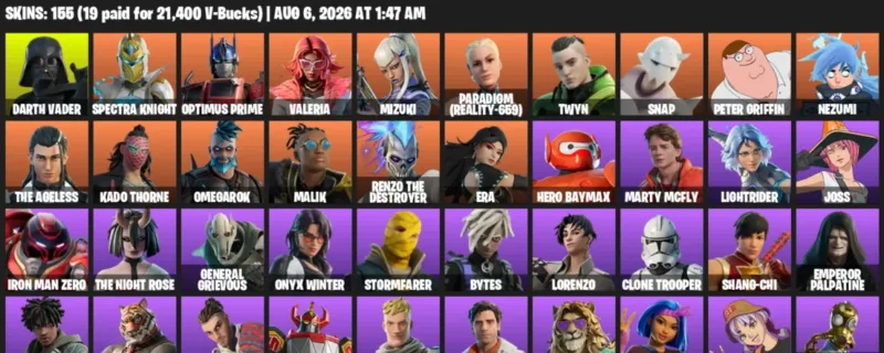 Fortnite account inventory for LVL 2522 - Darth Vader - Spectra Knight - 155 Outfits