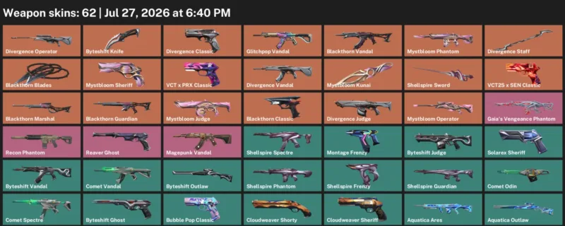 Valorant Accounts listing: LVL 133 · Byteshift Knife & Mystbloom Kunai · 62 Skins - Gold 2, 62 skins