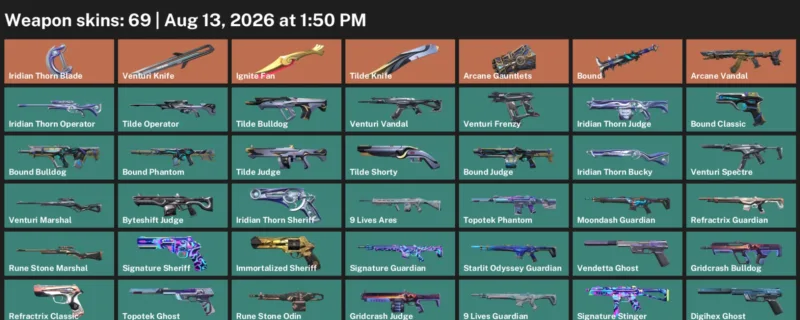Valorant account inventory for LVL 195 · Ignite Fan & Iridian Thorn Blade & 69 Skins Ignite Fan