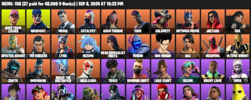 Fortnite account inventory for LVL 2647 - Rose Team Leader - Warpaint - 158 Outfits