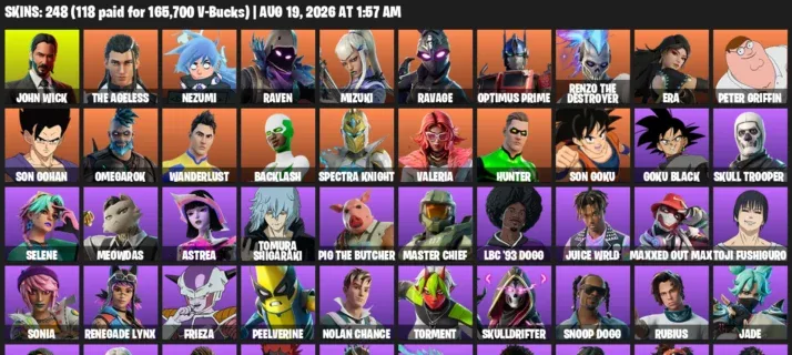 Fortnite account inventory for LVL 945 - John Wick - The Ageless - 248 Outfits