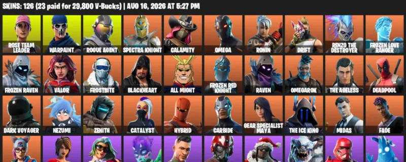 Fortnite account inventory for LVL 1521 - Rose Team Leader - Warpaint - 126 Outfits