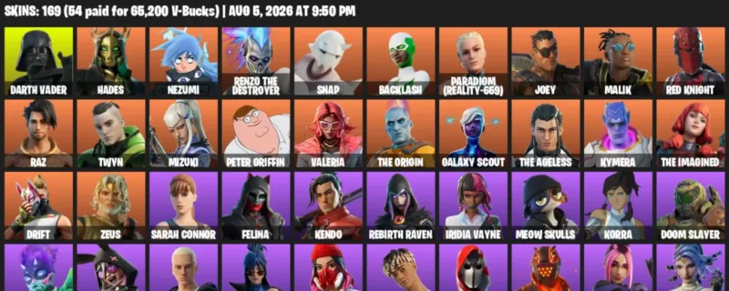 Fortnite account inventory for LVL 3873 - Darth Vader - Hades - 169 Outfits