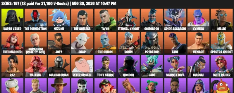 Fortnite account inventory for LVL 2575 - Darth Vader - The Foundation - 157 Outfits