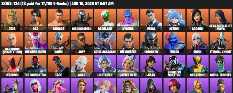 Fortnite account inventory for LVL 2280 - Zeus - Raz - 134 Outfits