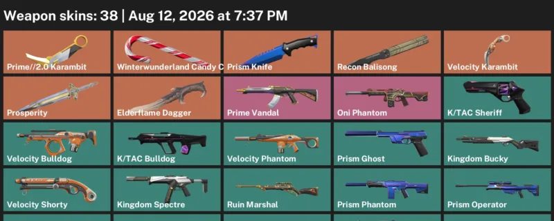 Valorant account inventory for LVL 27 · Elderflame Dagger & Prime & 38 Skins Elderflame Dagger