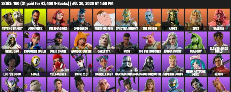 Fortnite Accounts listing: LVL 2974 - Psycho Bandit - John Wick - 150 Outfits - 150 outfits