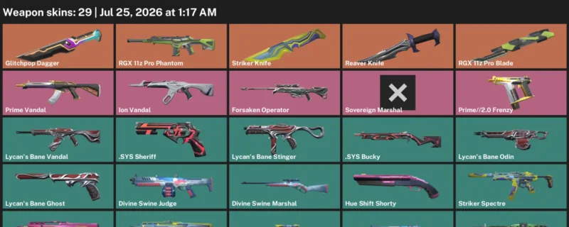 Valorant Accounts listing: LVL 99 · Glitchpop Dagger & Reaver Knife · 29 Skins - Diamond 2, 29 skins