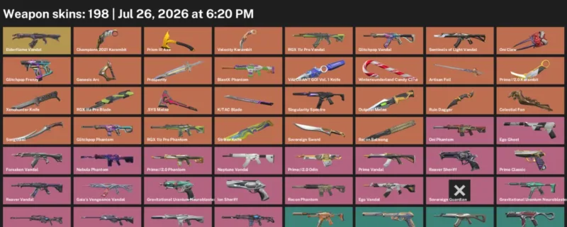 Valorant Accounts listing: LVL 496 · .SYS Melee & Celestial Fan · 198 Skins - Immortal 1, 198 skins