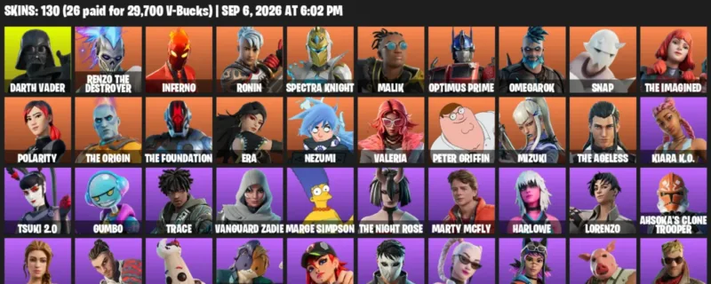 Fortnite account inventory for LVL 3839 - Darth Vader - Renzo the Destroyer - 130 Outfits