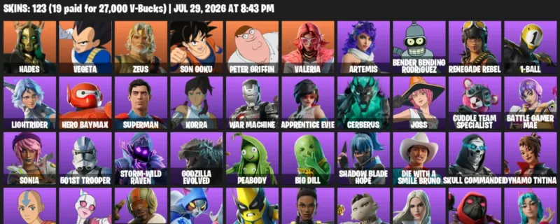 Fortnite Accounts listing: LVL 1575 - Hades - Vegeta - 123 Outfits - 123 outfits