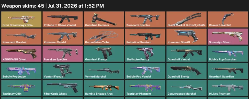 Valorant account inventory for LVL 43 · Reaver Karambit & Kuronami no Yaiba