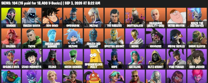 Fortnite account inventory for LVL 1509 - Xander - Frozen Raven - 104 Outfits