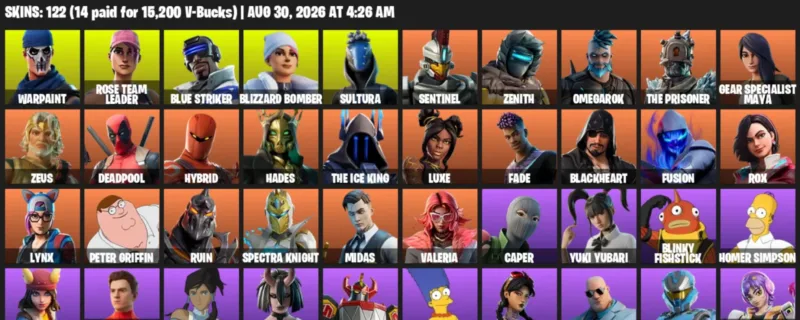 Fortnite account inventory for LVL 2159 - Warpaint - Rose Team Leader - 122 Outfits