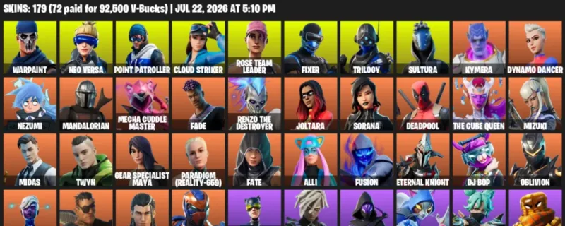 Fortnite Accounts listing: LVL 1379 - Warpaint - Neo Versa - 179 Outfits - 179 outfits