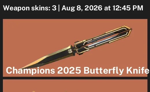 Valorant account inventory for LVL 22 · Champions 2025 Butterfly Knife & Champions 2025 Vandal