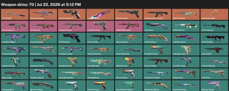 Valorant Accounts listing: LVL 289 · K/TAC Blade & Transition Knife · 70 Skins - Silver 2, 70 skins