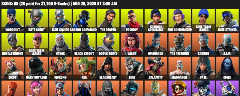 Fortnite account inventory for LVL 694 - Warpaint - Elite Agent - 89 Outfits