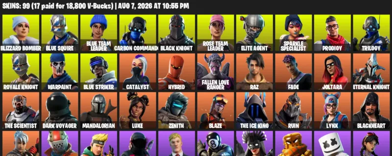 Fortnite account inventory for LVL 1386 - Blizzard Bomber - Blue Squire - 99 Outfits