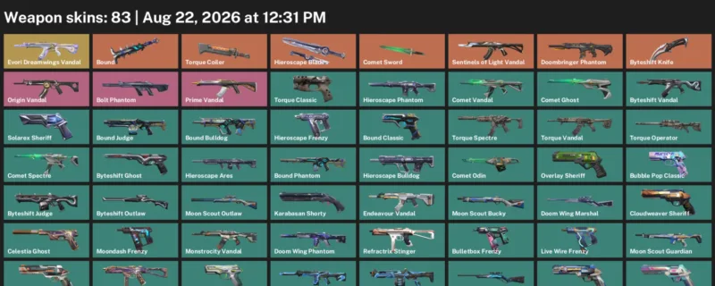 Valorant account preview: LVL 253 · Byteshift Knife & Comet Sword · 83 Skins