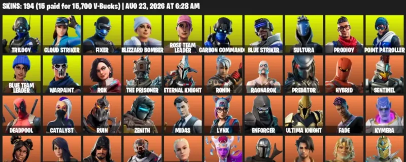 Fortnite account inventory for LVL 2409 - Trilogy - Cloud Striker - 194 Outfits