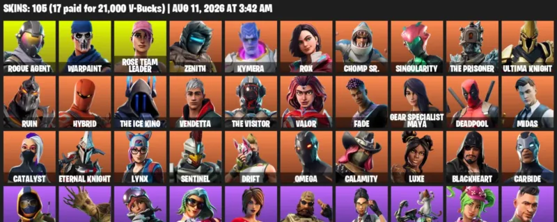 Fortnite account inventory for LVL 1167 - Rogue Agent - Warpaint - 105 Outfits