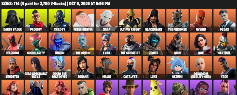 Fortnite account inventory for Darth Vader - Prodigy - 114 Outfits