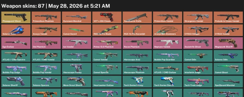 Valorant account preview: LVL 61, 5 Paid Knives Araxys, RGX Karambit, Xenohunter, Solarex, RGX Blade, Phaseguard/Kuronami/Divergence + more