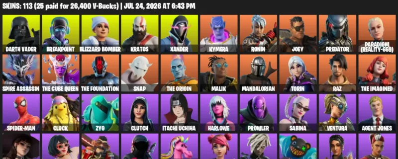 Fortnite Accounts listing: LVL 1639 - Darth Vader - Breakpoint - 113 Outfits - 113 outfits