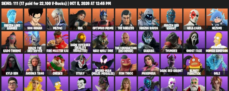 Fortnite account inventory for Frozen Love Ranger - Son Gohan - 111 Outfits