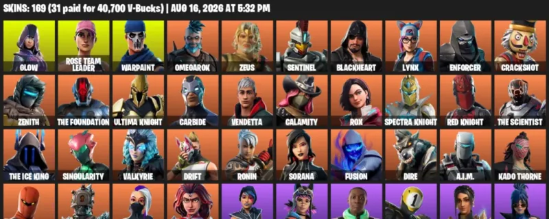 Fortnite account inventory for LVL 1966 - Glow - Rose Team Leader - 169 Outfits