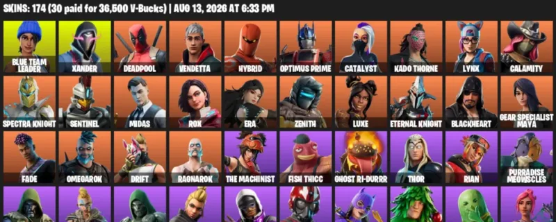 Fortnite account inventory for LVL 2887 - Blue Team Leader - Xander - 174 Outfits