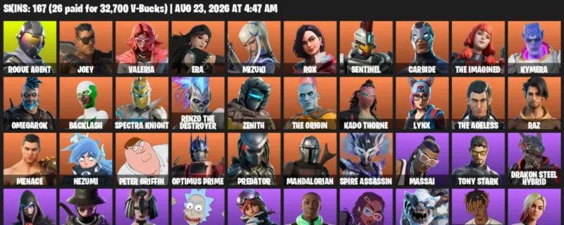 Fortnite account inventory for LVL 3326 - Rogue Agent - Joey - 167 Outfits