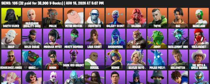 Fortnite account inventory for LVL 1036 - Darth Vader - Paradigm (Reality-659) - 105 Outfits