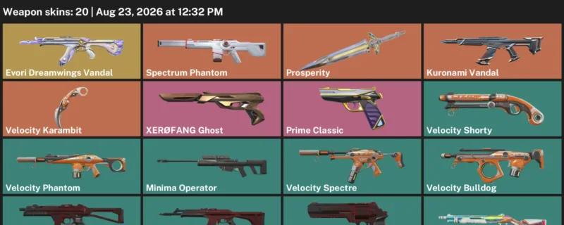 Valorant account inventory for LVL 83 · Kuronami Vandal & Velocity Karambit
