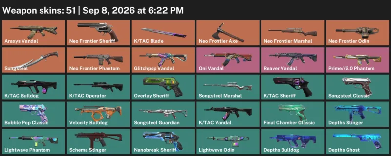Valorant account inventory for LVL 194 · Araxys Vandal & Tac Blade