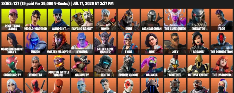 Fortnite Accounts listing: LVL 1498 - Rose Team Leader - World Warrior - 137 Outfits - 137 outfits