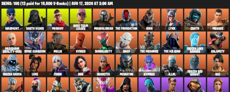Fortnite account inventory for LVL 2013 - Warpaint - Darth Vader - 160 Outfits