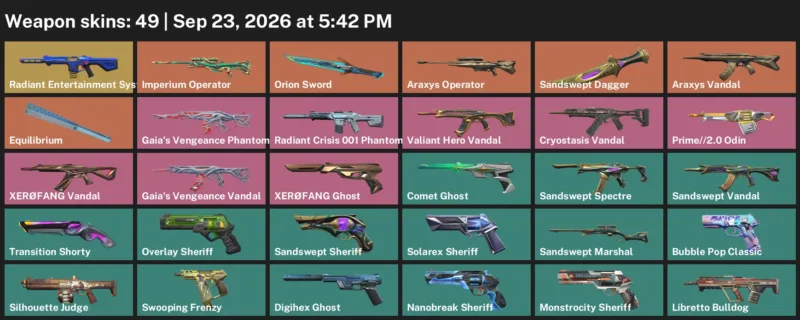 Valorant account inventory for LVL 372 · Araxys Vandal & Orion Sword & Sandswept Dagger