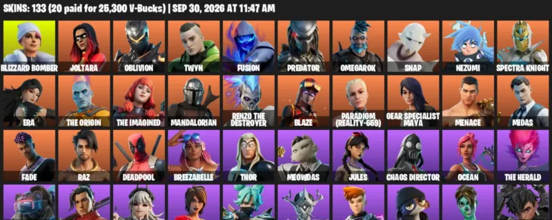 Fortnite account inventory for Blizzard Bomber - Joltara - 120 Outfits