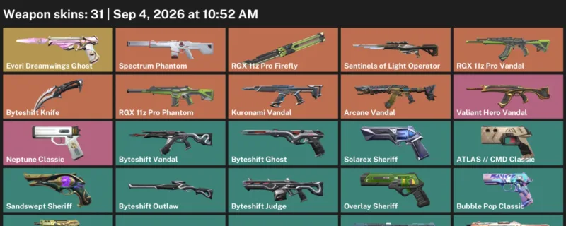 Valorant account inventory for LVL 223 · Arcane Vandal & Byteshift Knife