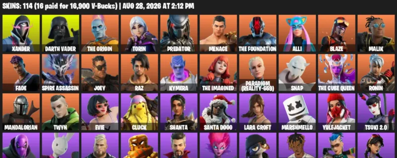 Fortnite account inventory for LVL 1879 - Xander - Darth Vader - 114 Outfits