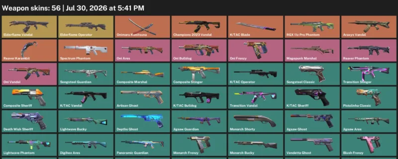 Valorant Accounts listing: LVL 115 · K/TAC Blade & Reaver Karambit · 56 Skins - Silver 1, 56 skins